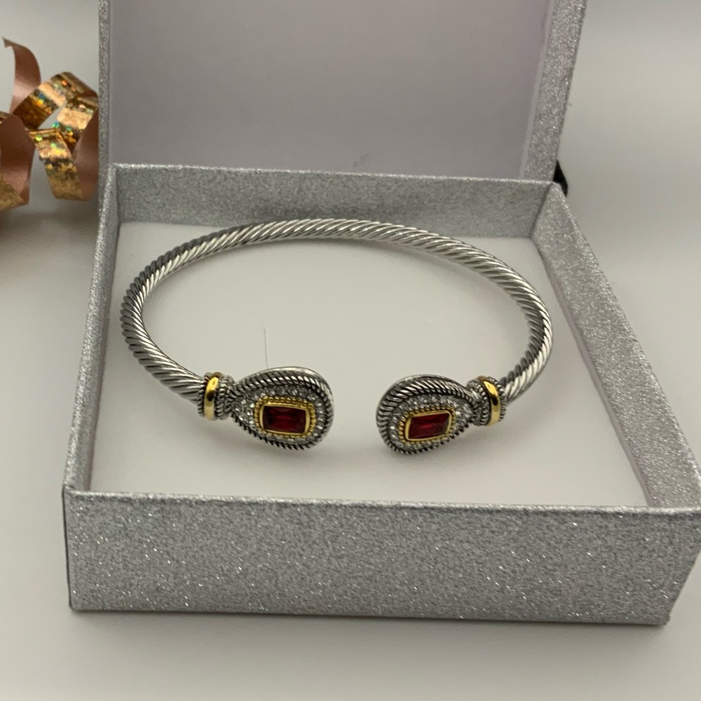 Silver Cable cuff Ruby Red Adjustable Bracelet - Women Jewelry